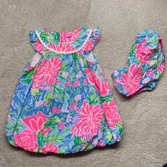 Lilly Pulitzer Pink and Blue Floral Toddler Kids Bubble Dress Size 18-24 M - Picture 3 of 4